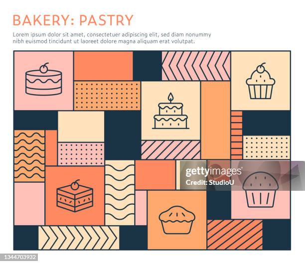 illustrazioni stock, clip art, cartoni animati e icone di tendenza di modello infografica per panetteria e pasticceria in stile bauhaus - panetteria