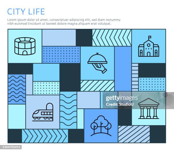 bauhaus style city life infographic template - town hall icon stock illustrations