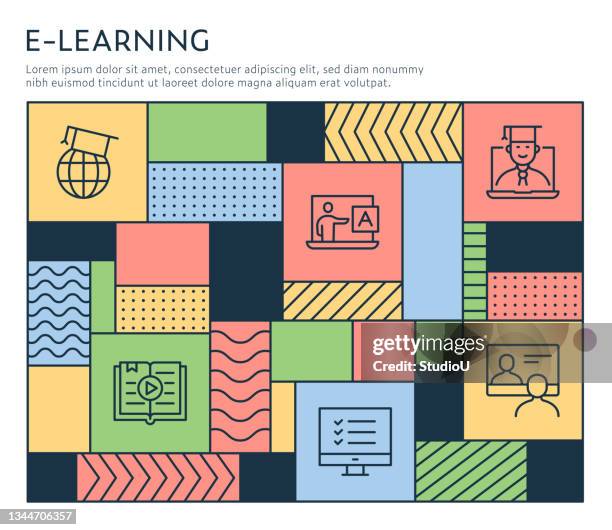 bauhaus style e-learning infographic template - professor computer stock illustrations