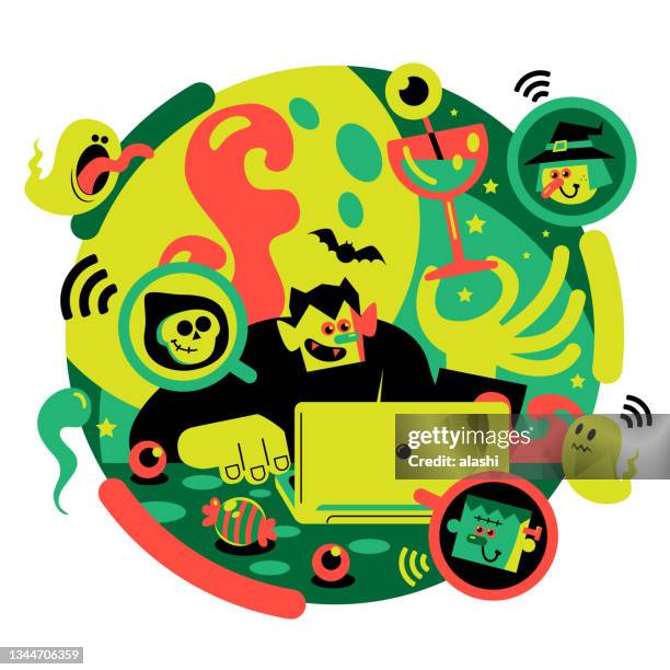 vampire, frankenstein, death, and witch using a laptop enjoying the virtual cheers halloween party, trick or treat, and costume contest - halloween covid stock illustrations