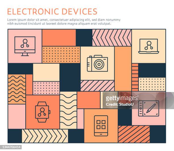 stockillustraties, clipart, cartoons en iconen met bauhaus style electronic devices infographic template - wearable camera