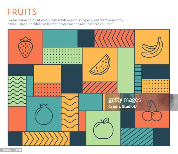 bauhaus style fruits infografik vorlage - colorful vegetables summer stock-grafiken, -clipart, -cartoons und -symbole