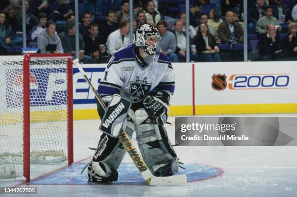 Jamie Storr#1 from Canada and Goaltender for the Los Angeles Kings looks out from behind his face mask as he tends goal during the NHL Western...