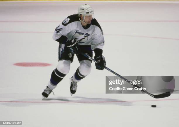 Roman Hamrlik from Czechoslovakia and Defenseman for the Tampa Bay Lightning in motion on the ice during the NHL Western Conference Pacific Division...