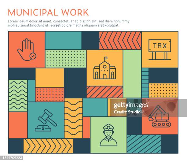 stockillustraties, clipart, cartoons en iconen met bauhaus style municipal work infographic template - local government building