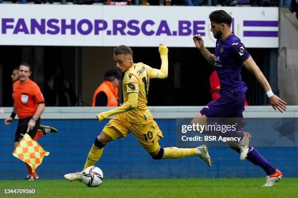 Noa Lang of Club Brugge during the Jupiler Pro League match between Anderlecht and Club Brugge at Lotto Park on October 3, 2021 in Brussel, Belgium