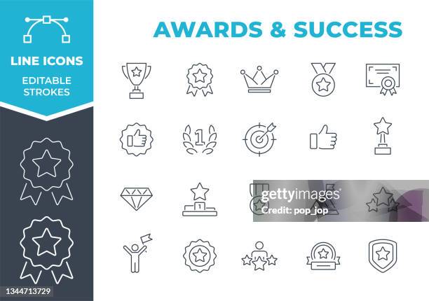 ilustraciones, imágenes clip art, dibujos animados e iconos de stock de premios y éxitos - iconos de línea. trazo editable. ilustración vectorial de stock - trophy