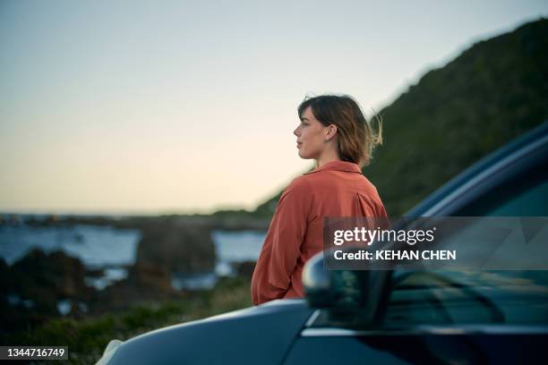 young girl on the road trip look at beautiful landscape next to the car - people in car stockfoto's en -beelden