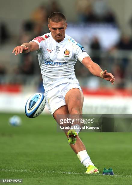 Henry Slade of Exeter Chiefs kicks a conversion during the Gallagher Premiership Rugby match between Sale Sharks and Exeter Chiefs at the AJ Bell...