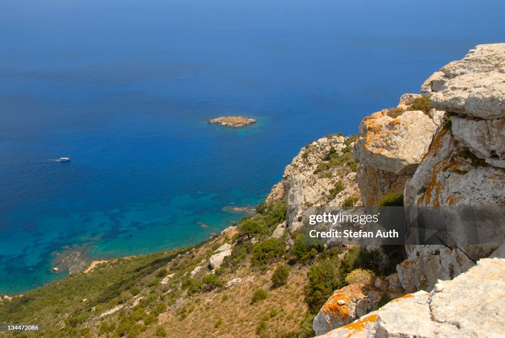 Coast, cliffs, rocks, blue sea, view from Mount Moutti tis Sotiras, Baths of Aphrodite, Akamas, Southern Cyprus, Republic of Cyprus, Mediterranean Sea, Europe