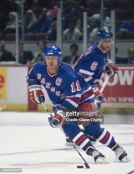 Mark Messier from Canada, Captain and Center for the New York Rangers in motion on the ice during the NHL Western Conference Pacific Division game...
