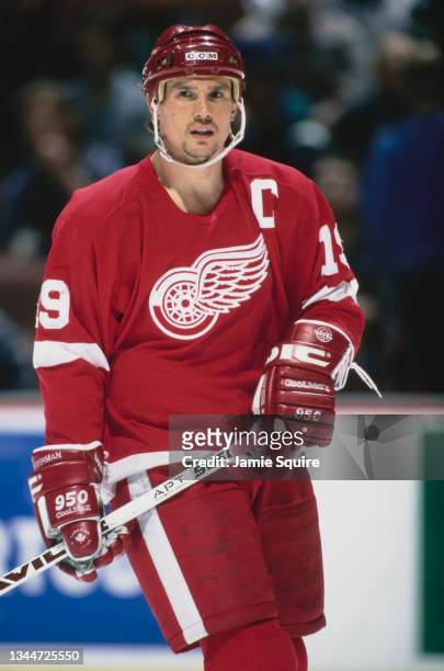 Steve Yzerman from Canada, Captain and Center for the Detroit Red Wings looks on during the NHL Western Conference Pacific Division game against the...