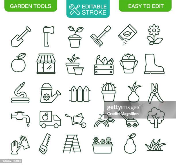 ilustraciones, imágenes clip art, dibujos animados e iconos de stock de iconos de herramientas de jardinería trazo editable - tiesto