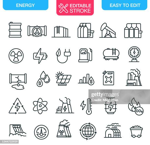 ilustrações, clipart, desenhos animados e ícones de ícones de energia definem traçado editável - nuclear energy