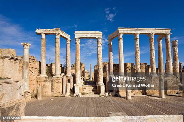 ruins of the ancient theatre of leptis magna, libya, north africa - theater of leptis magna stock pictures, royalty-free photos & images