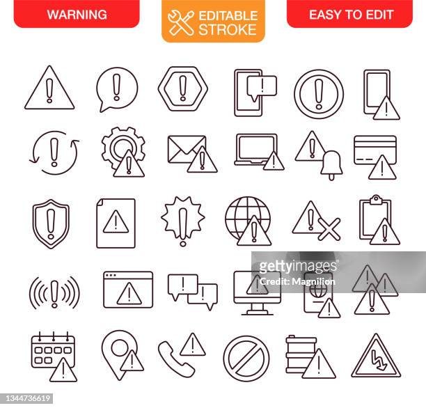 illustrazioni stock, clip art, cartoni animati e icone di tendenza di icone di pericolo e avviso imposta tratto modificabile - warning sign