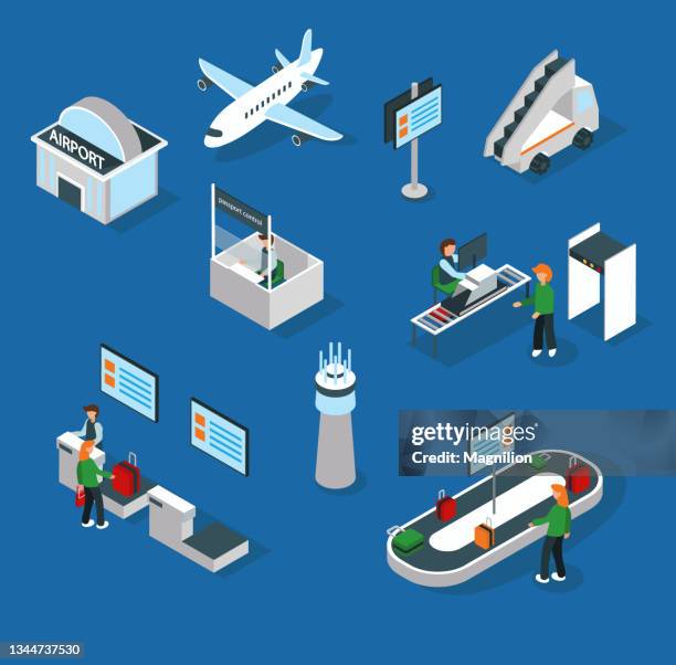 isometrischer flughafen - airport isometric stock-grafiken, -clipart, -cartoons und -symbole