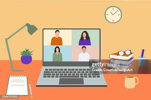 online meeting or e-learning concept with people on laptop screen. laptop, desk lamp, books, coffee cup and notepad on the table - office desk background stock illustrations