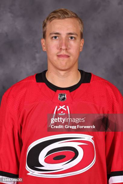 Teuvo Teravainen of the Carolina Hurricanes poses for his official headshot for the 2021-2022 season on September 22, 2021 at Carolina Family...