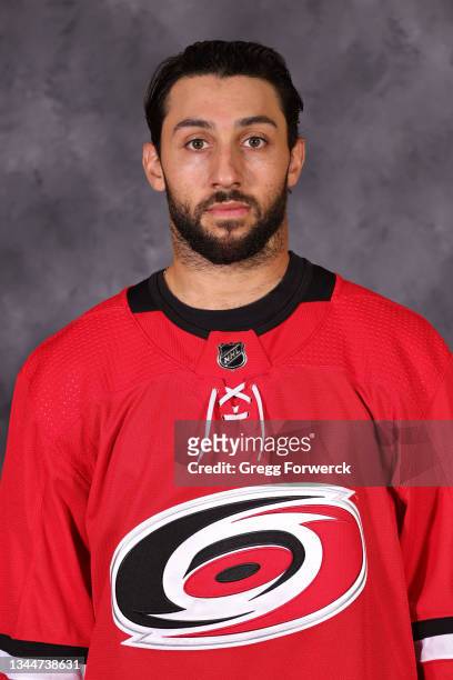 Vincent Trocheck of the Carolina Hurricanes poses for his official headshot for the 2021-2022 season on September 22, 2021 at Carolina Family...
