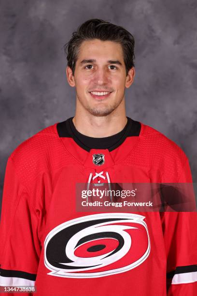 Brady Skjei of the Carolina Hurricanes poses for his official headshot for the 2021-2022 season on September 22, 2021 at Carolina Family Practice and...