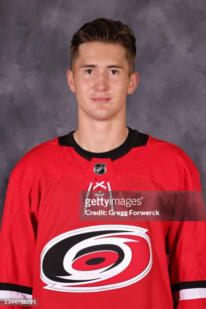Martin Necas of the Carolina Hurricanes poses for his official headshot for the 2021-2022 season on September 22, 2021 at Carolina Family Practice...