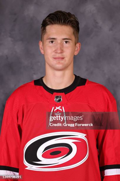 Martin Necas of the Carolina Hurricanes poses for his official headshot for the 2021-2022 season on September 22, 2021 at Carolina Family Practice...