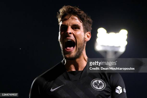 Goncalo Paciencia of Eintracht Frankfurt celebrates after scoring their sides first goal during the UEFA Europa League group D match between Royal...