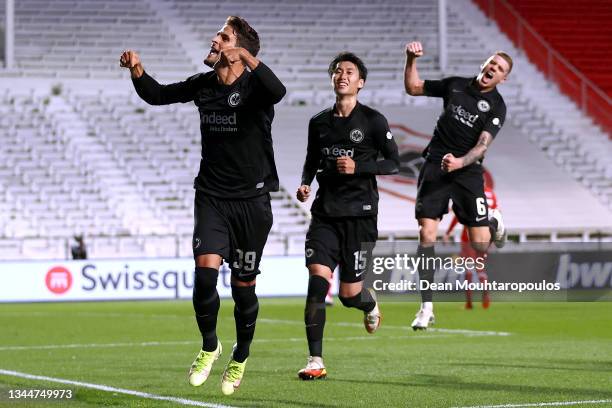 Goncalo Paciencia of Eintracht Frankfurt celebrates after scoring their sides first goal during the UEFA Europa League group D match between Royal...