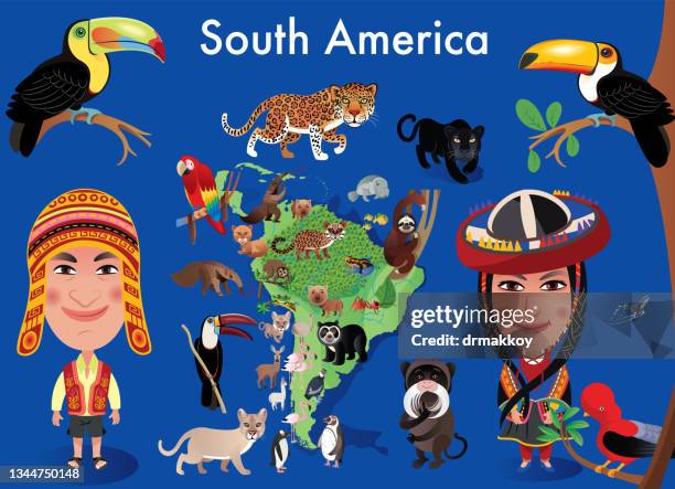 South America Map And Natives, Bildbanksbilder