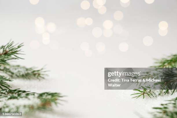 christmas picture background with fir branches snow and fairy lights. copy space. - snoerverlichting stockfoto's en -beelden