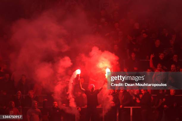 Antwerp fans show their support during the UEFA Europa League group D match between Royal Antwerp FC and Eintracht Frankfurt at Bosuilstadion on...