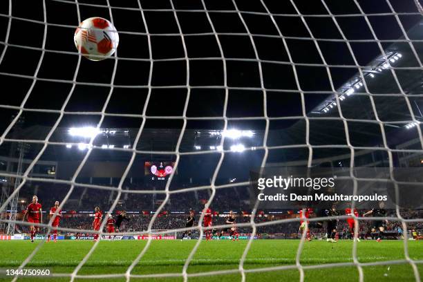 Goncalo Paciencia of Eintracht Frankfurt celebrates after scoring their sides first goal during the UEFA Europa League group D match between Royal...
