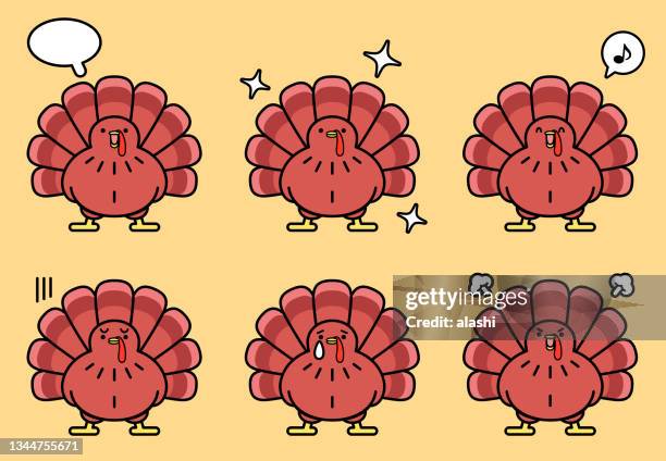 cute icon set of thanksgiving turkey that has six facial expressions in color pastel tones - bird cry stock illustrations