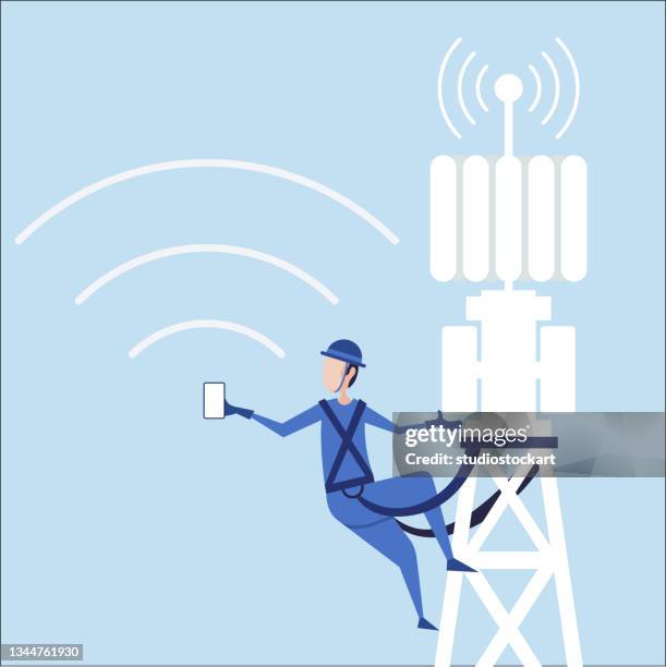 ilustrações, clipart, desenhos animados e ícones de conceito de 5g. antena da torre celular de transmissão - tall high