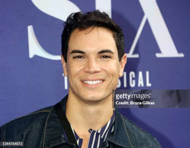 Jason Gotay poses at the opening night arrivals for the new musical "Six" on Broadway at The Brooks Atkinson Theatre on October 3, 2021 in New York...