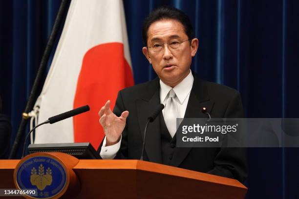 Fumio Kishida, Japan's prime minister, speaks during a news conference at the prime minister's official residence on October 04, 2021 in Tokyo,...