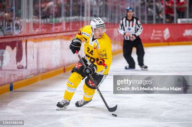 Dominik Kahun of SC Bern in action during the Swiss National League game between Lausanne HC and SC Bern at Vaudoise Arena on September 28, 2021 in...