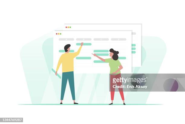 two young business colleagues checking a spreadsheet together - spreadsheet stock illustrations
