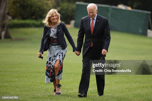 President Joe Biden and first lady Jill Biden return to the White House after spending the weekend in Delaware on October 04, 2021 in Washington, DC....