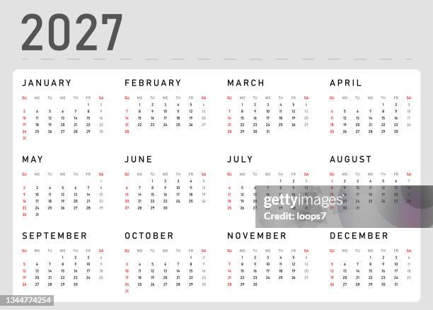 stockillustraties, clipart, cartoons en iconen met calendar 2027 vector illustration template. week starts on sunday, - calendario