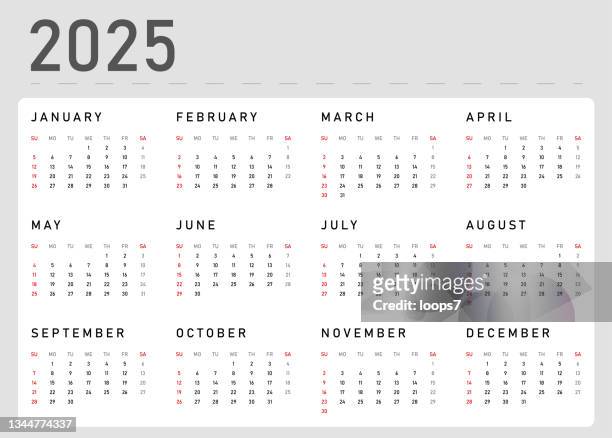 stockillustraties, clipart, cartoons en iconen met calendar 2025 vector illustration template. week starts on sunday, - calendario