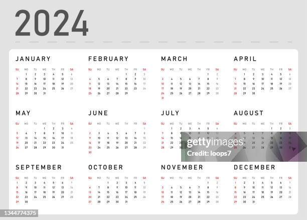stockillustraties, clipart, cartoons en iconen met calendar 2024 vector illustration template. week starts on sunday, - calendario