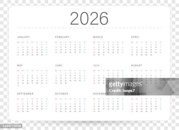 stockillustraties, clipart, cartoons en iconen met calendar 2026 vector illustration template. week starts on sunday, - calendario