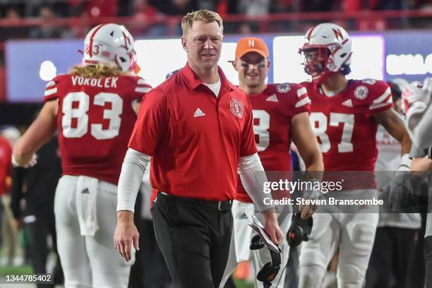 Head coach Scott Frost of the Nebraska Cornhuskers on the sidelines against the Northwestern Wildcats in the second half at Memorial Stadium on...