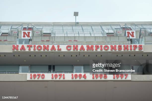 National champion signage for the Nebraska Cornhuskers on the field before the game against the Northwestern Wildcats at Memorial Stadium on October...