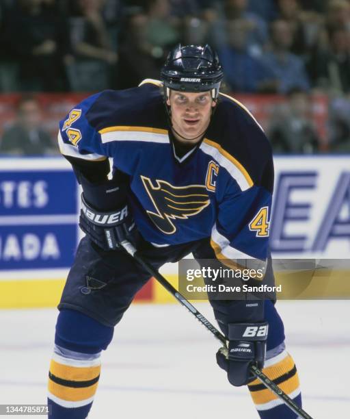 Chris Pronger from Canada, Captain and Defenseman for the St Louis Blues looks on during the NHL Eastern Conference Northeast Divisin game against...