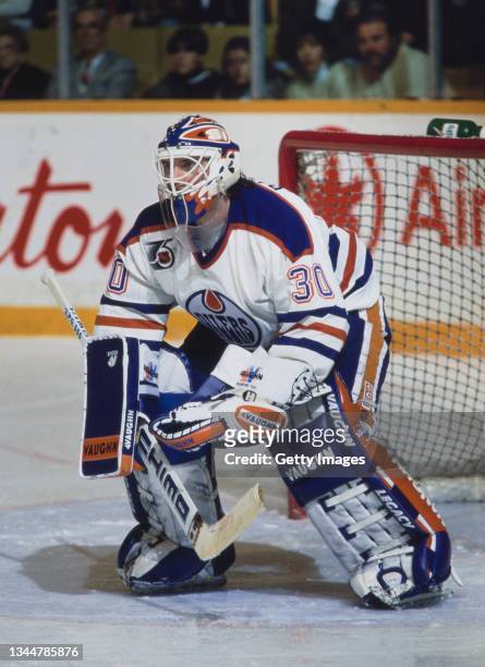 Bill Ranford from Canada and Goaltender for the Edmonton Oilers looks on defending goal during the NHL Prince of Wales Conference Patrick Division...