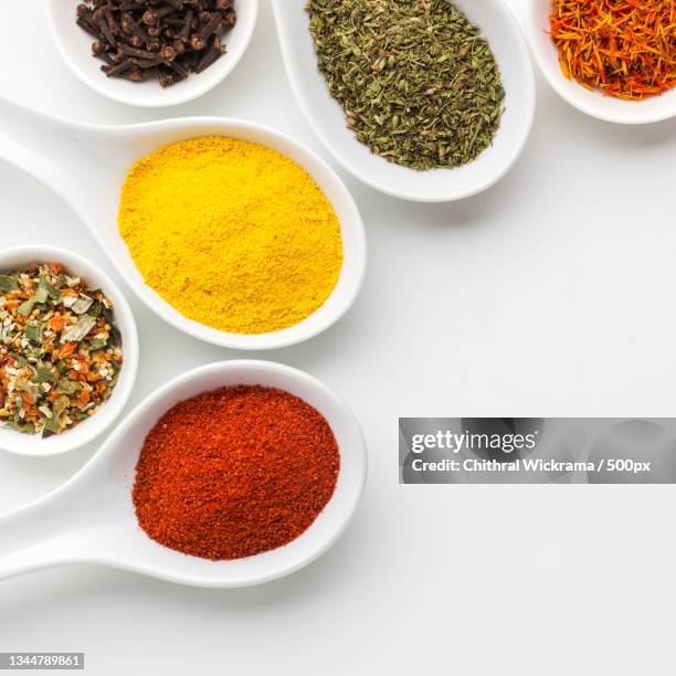 directly above shot of various spices in bowls on white background,colombo,sri lanka - colombe stock-fotos und bilder