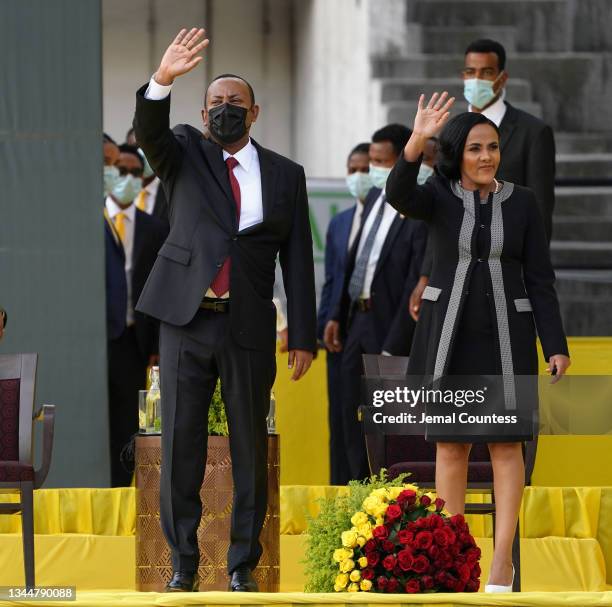 Prime Minister Abiy Ahmed and Zinash Tayachew arrive at an inaugural celebration after Amhed was sworn in for a second five-year term as Prime...